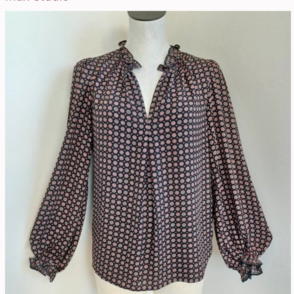 Max Studio Black Print Long Sleeve V Neck Popover Top - Picture 2 of 6